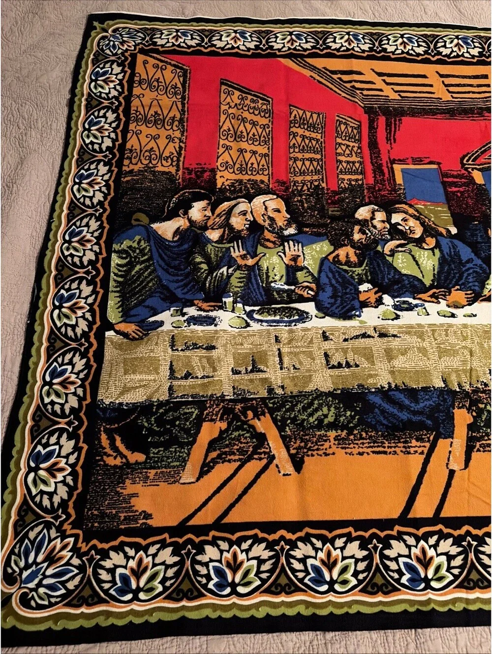Vintage Tapestry Fabric Wall Hanging Sacred Heart Jesus Last Supper EUC Large